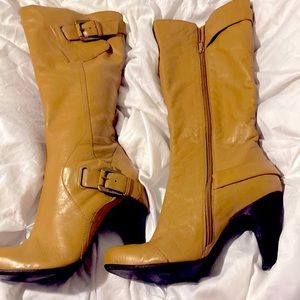 BRONX leather knee length buckskin boot with a 2 inch heel.